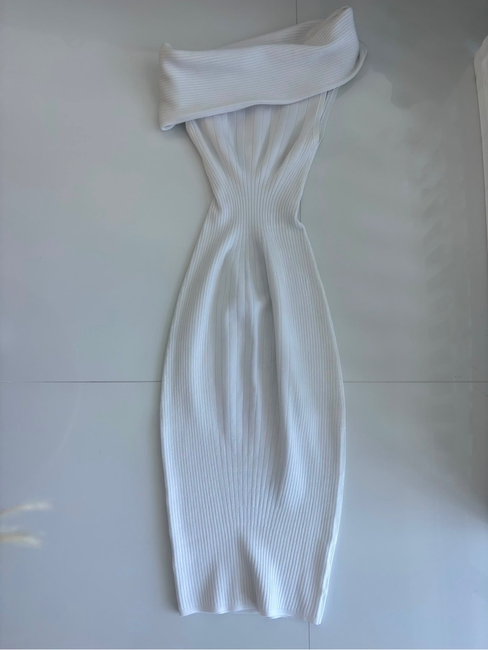 Mugler Ivory Ribbed Knit Off-Shoulder Midi Dress